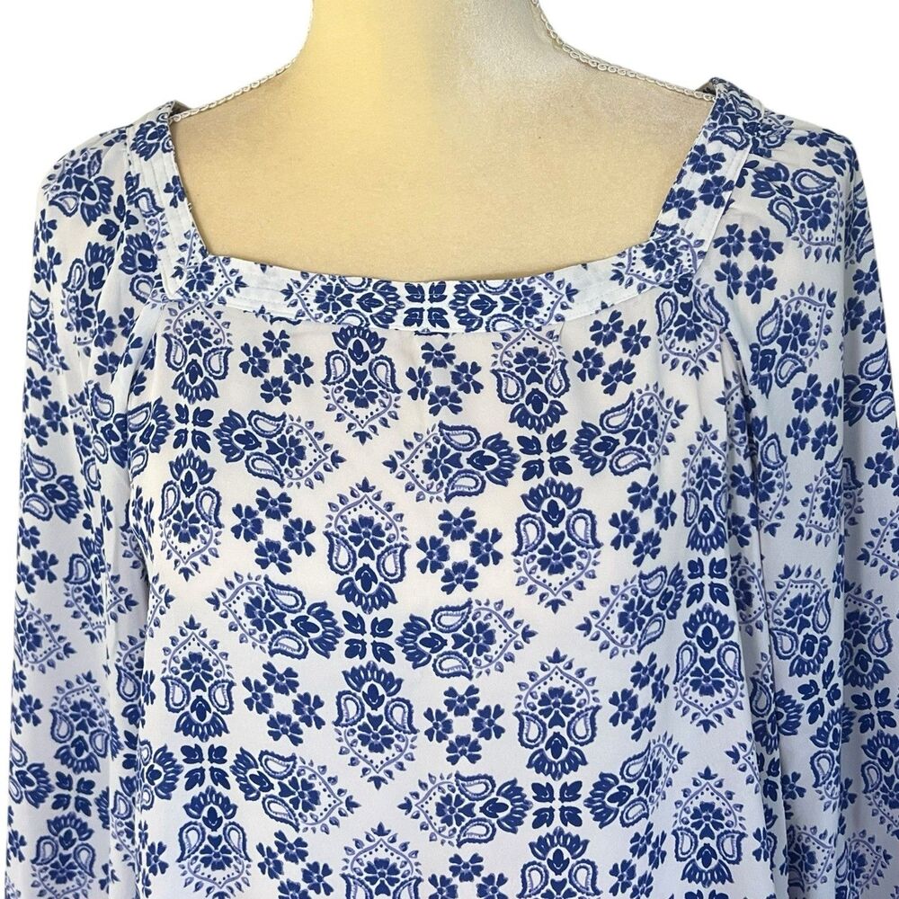 Loft Women’s Blouse Square Neck Small Blue White Floral Semi sheer - Picture 4 of 13